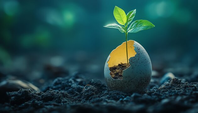Tree sprouting from a cracked egg, glowing from within, symbolizing new life and growth, against a dark blue backdrop, mystical illumination, highdefinition details