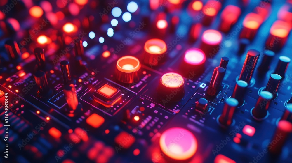Aufkleber glowing red buttons on dark blue circuit board, shallow depth of field.