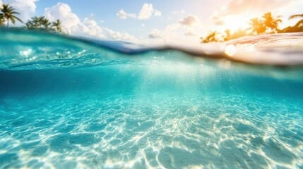 Beneath a sunlit surface, vibrant turquoise water illuminates a serene tropical ocean with gentle waves and shimmering light patterns