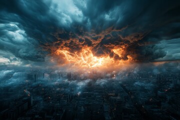 Dramatic thunderstorm over a city skyline at dusk, showcasing dark clouds and vibrant lightning