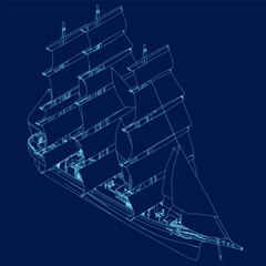 Sailing ship contour vintage vector illustration design, retro marine. Isometric view