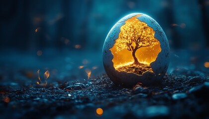 A glowing tree sprouting from a cracked egg, illuminated from the inside, symbolizing new life, set against a dark blue backdrop, mystical light trails