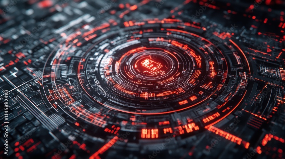 Poster abstract glowing red technology with circuit details.