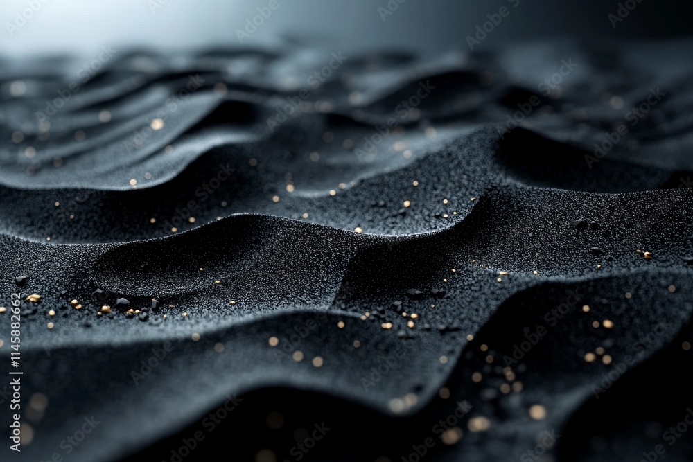 Poster surface of fine black sand with subtle ripples and sparkling textures in soft light