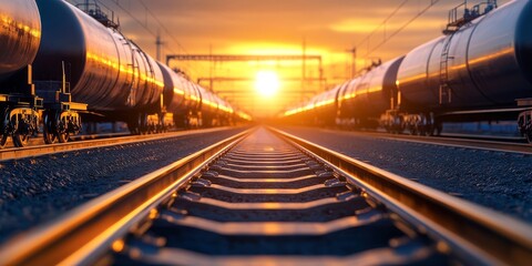 Tanker cars on a railroad train transport crude oil along the tracks, showcasing the vital role of railroad train logistics in the crude oil industry and emphasizing the movement of tanker cars.
