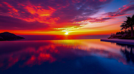 Fototapeta premium Beautiful sunset over the pool of a luxury villa with a panoramic view. The light of the golden hour creates a reflection on the water and a colorful sky.