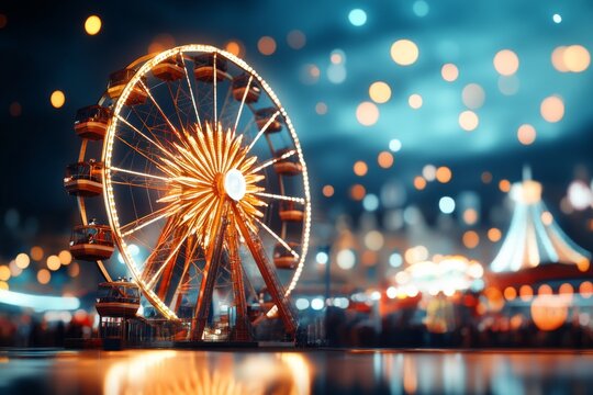 Colorful ferris wheel illuminated at night during a bustling festival in a vibrant amusement park setting