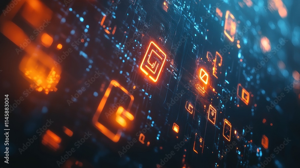 Aufkleber abstract circuit board with glowing orange squares.