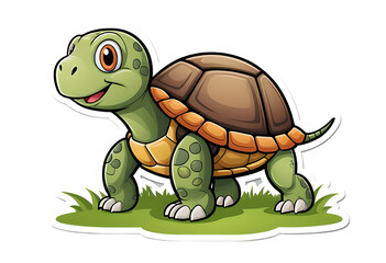 A Baby Turtle on Walking on Grass cartoon illustration sticker.