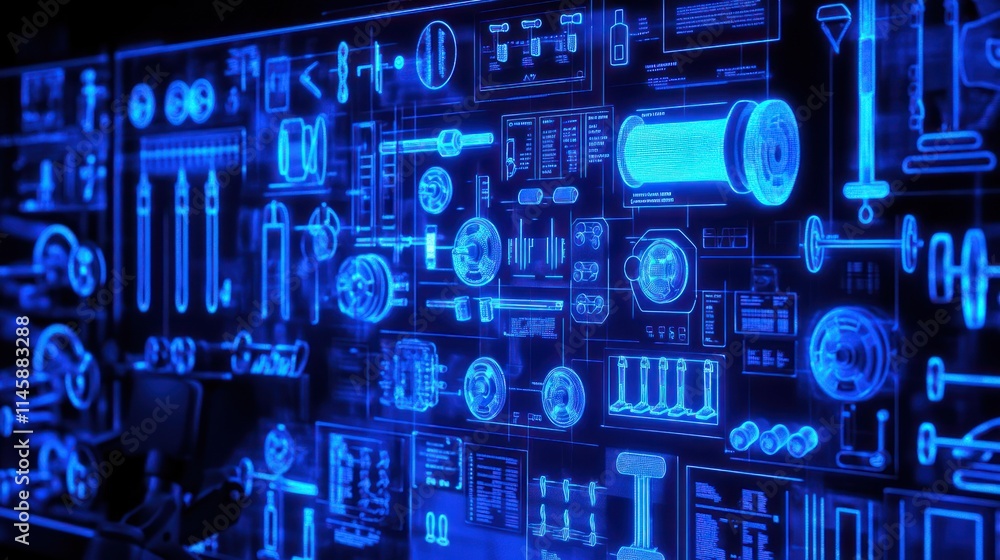 Aufkleber Blue digital interface with diagrams and icons.