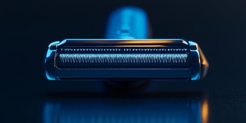 A close up view of a sleek, blue manual razor featuring replaceable blades, embodying a contemporary and minimalist design approach.