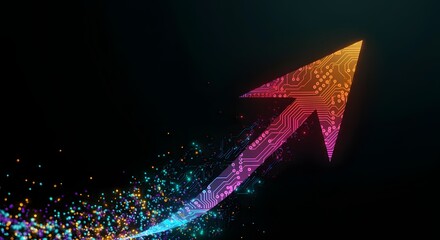 Glowing neon arrow in vibrant red with an orange and pink gradient, leaving a dynamic trail of sparkling particles that transition into blue and purple hues, set against a dark futuristic background.