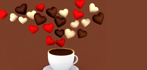 Obraz premium cup of coffee espresso with flying hearts on chocolate mousse brown background texture with copy space 