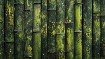 Abstract texture pattern featuring green paint on a bamboo fence, perfect for use as a background, showcasing the unique aesthetic of green paint and bamboo elements.
