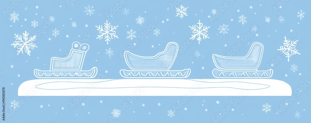 Poster three sleds on snowy surface with falling snowflakes on light blue background.