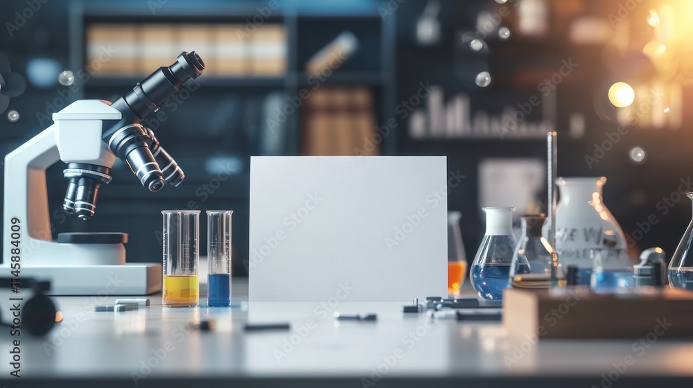 Poster Lab with microscope, beakers, and empty card.