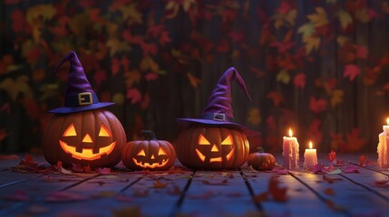 Three jack-o'-lanterns with witch hats, small pumpkin, lit candles, autumn leaves on wooden planks.