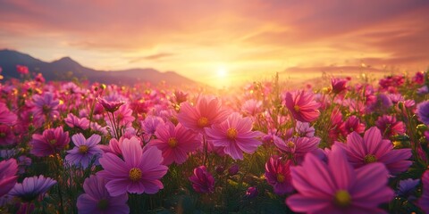 Fototapeta premium Scenic flower field landscape features cosmos blooms at sunset, showcasing the beauty of cosmos flowers in a vibrant and picturesque setting. Experience the scenic charm of the cosmos flower field.