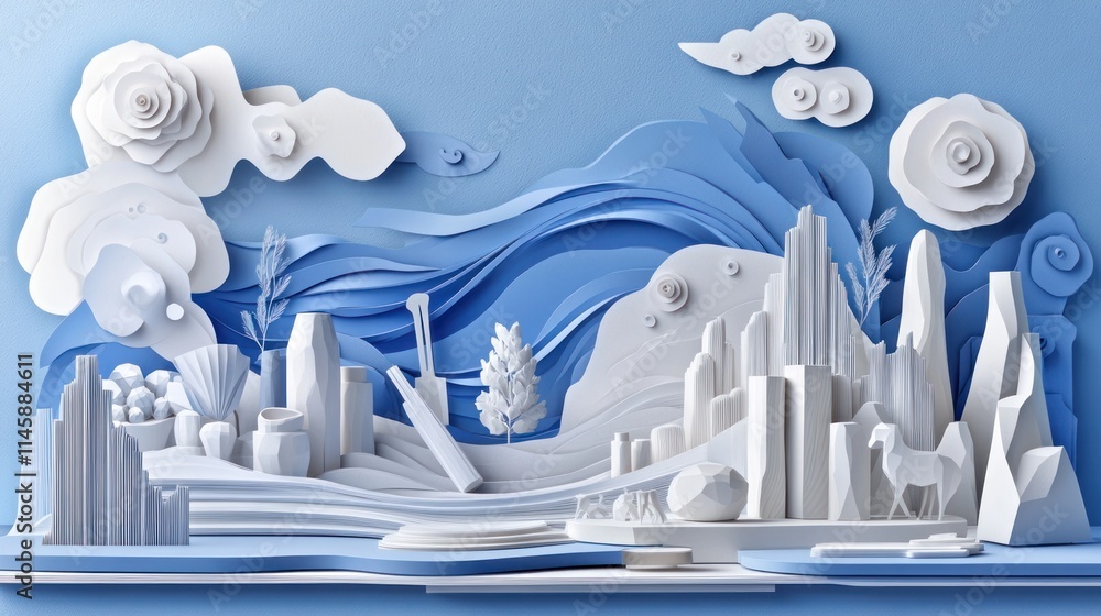 Poster Paper cutouts creating a cityscape landscape with waves and clouds.