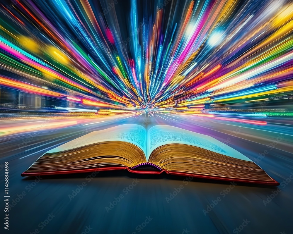 Poster closeup of an open book with dynamic light trails extending outward, symbolizing the fast growth of 