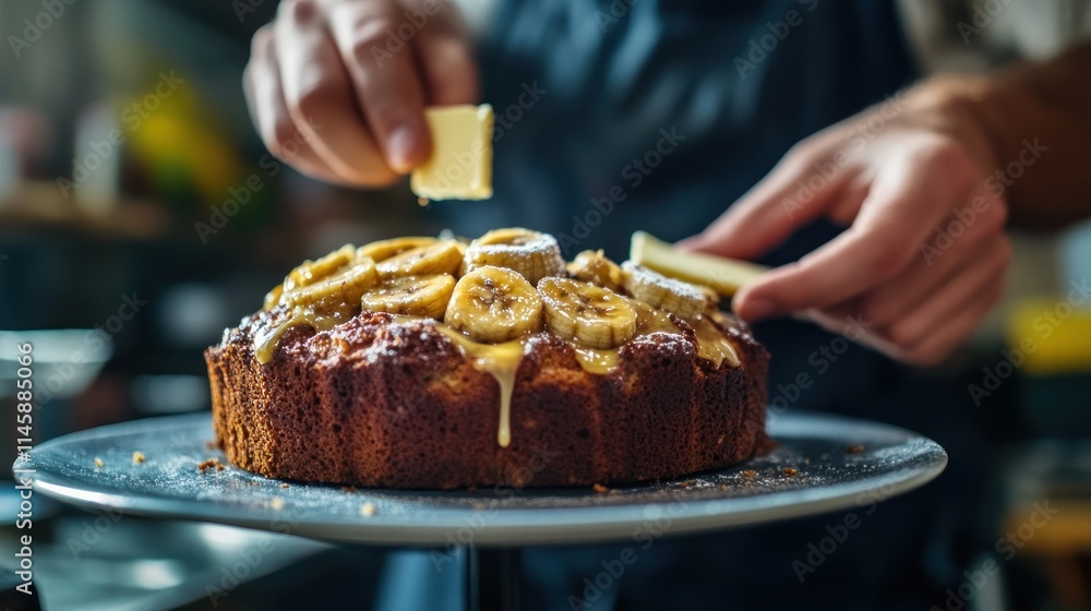 Poster cake decoration with banana slices and adding butter.