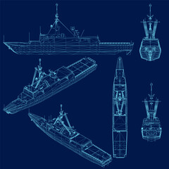 Set with modern war ship wireframe vector on blue background. © German Ovchinnikov
