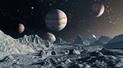Naklejka premium Alien Planet Landscape with Multiple Planets in the Sky