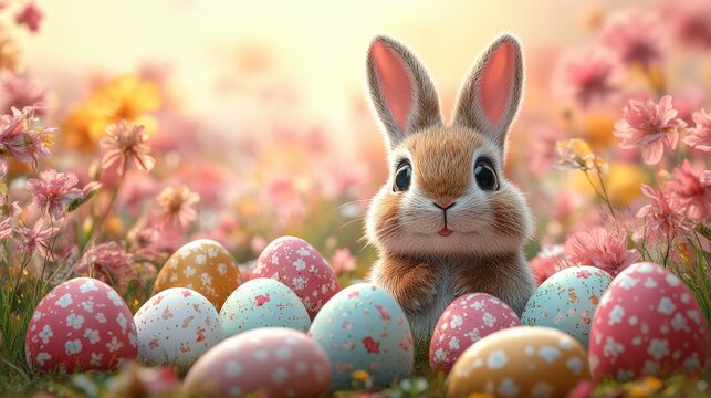 This delightful bunny teasingly pokes out its tongue in a vibrant Easter garden surrounded by colorful eggs.