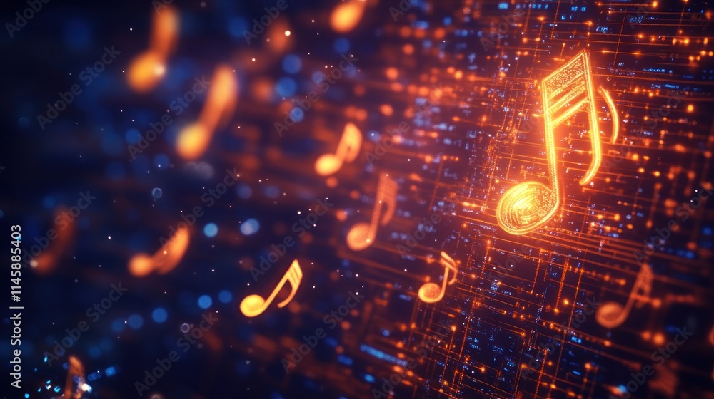 Aufkleber digital music notes glow on abstract circuit background.