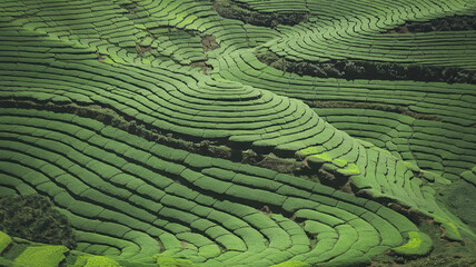 Fototapeta premium A vast landscape showcasing intricate green terraced fields, meticulously carved into hillside contours, forming curving lines. The lush, well-maintained fields suggest agricultural use