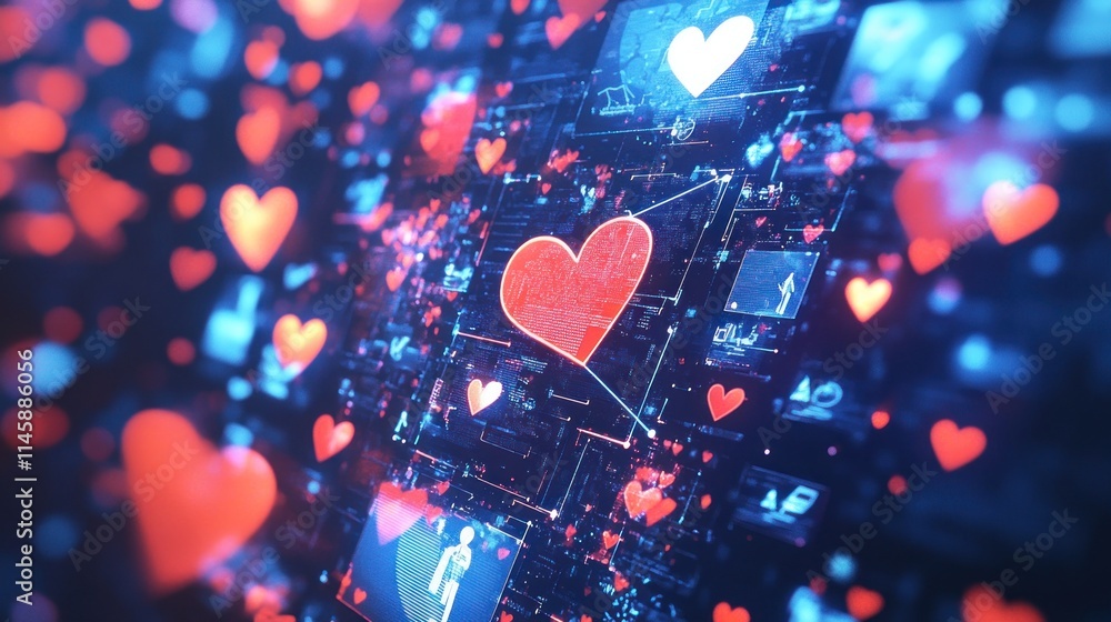 Poster abstract digital hearts floating on circuit board with icons.