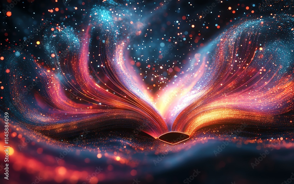Poster dynamic light trails bursting from an open book, symbolizing knowledge expansion and innovation, abs