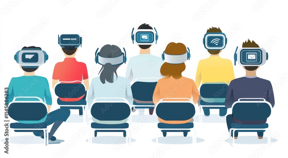 Aufkleber group of people using virtual reality headsets on white background.