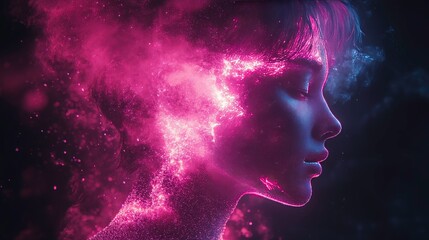 Obraz premium Ethereal Portrait of a Dreamlike Woman Surrounded by Vibrant Cosmic Energy and Colorful Nebula Effects in a Surreal Artistic Representation