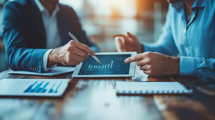 Business people discussing the charts and graphs showing the results of their successful teamwork