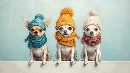 Whimsical illustration of three Chihuahuas wearing colorful hats and scarves, showcasing their playful personalities and charm