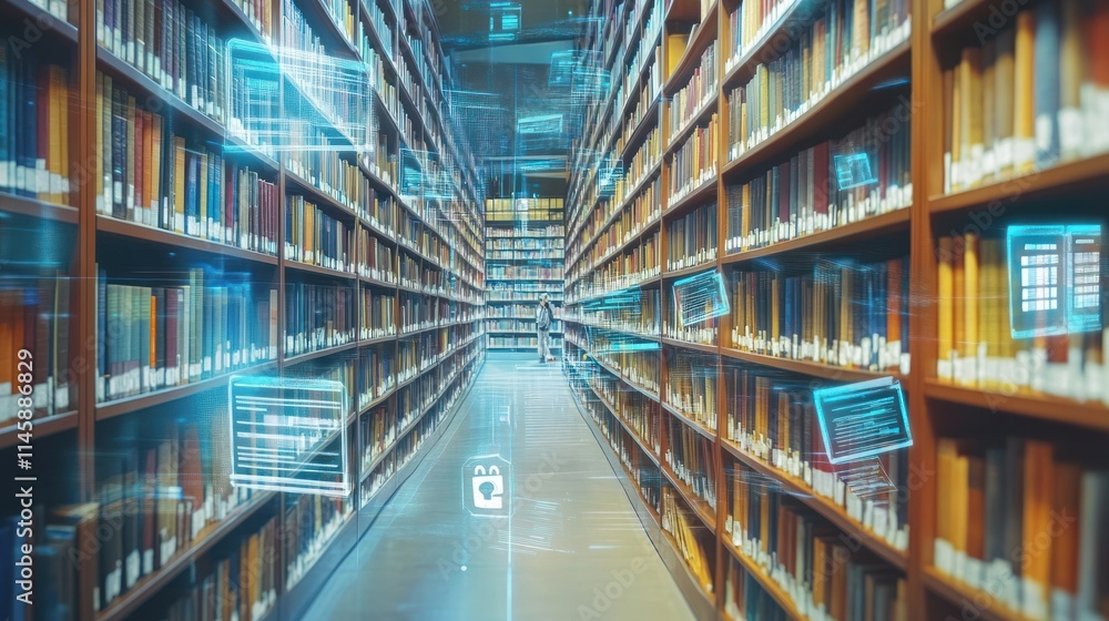 Poster Library books with floating digital UI.