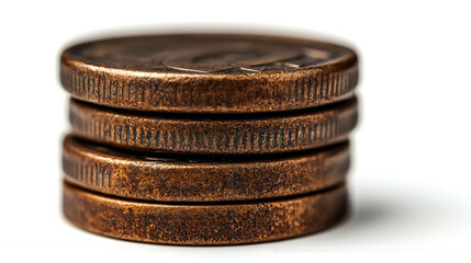 Close-up of a stack of four old copper coins on a white background.