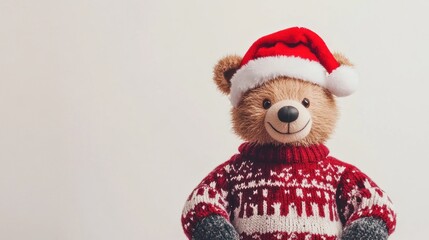 Happy teddy bear in Santa hat and Christmas sweater against white background.