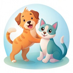 Fototapeta premium Cheerful Golden Dog and Playful Kitten in Sunny Park