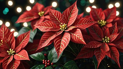 Highly detailed 3D model of festive poinsettia flowers surrounded by glowing Christmas lights.