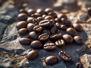 Fototapeta premium Dark roasted coffee beans resting on a textured stone surface captured in natural light