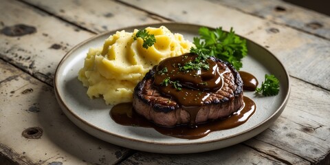 Seared steak with rich brown gravy served alongside creamy mashed potatoes on a rustic wooden table