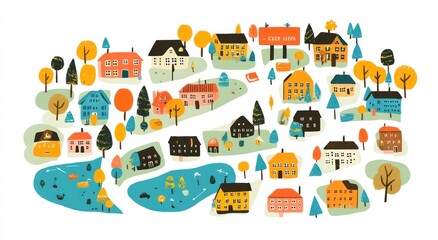 Colorful cartoon neighborhood map with houses, trees, and lake.