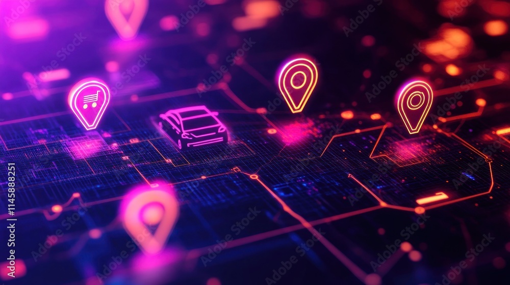 Poster digital network with car and location pins.