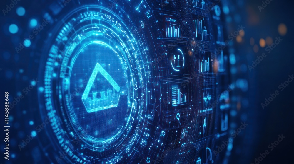Poster Glowing digital interface with house icon and data graphs.