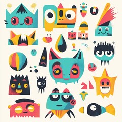 Collection of playful, colorful geometric monster characters.