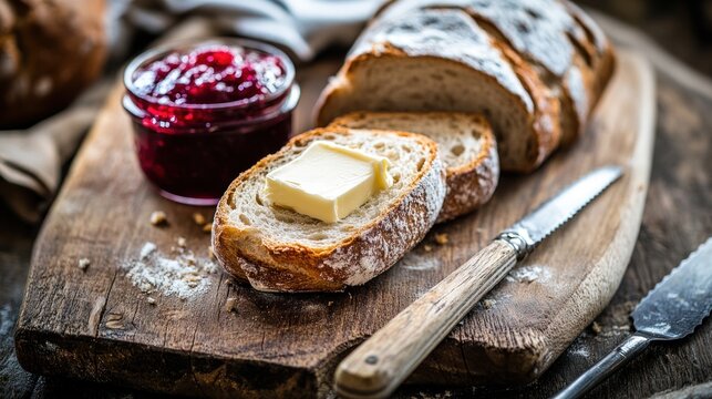 Rustic sourdough bread slices with butter and cranberry jam on wooden board.