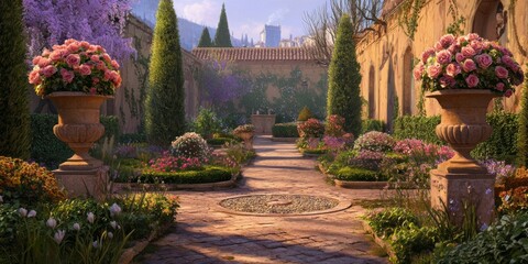 Fototapeta premium Serene Dusk Garden Roses Italian Architecture Flowers