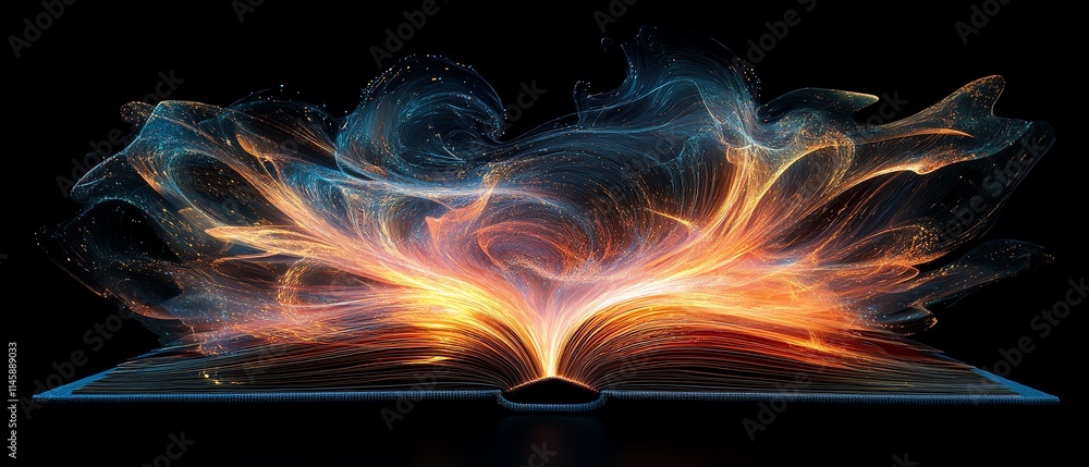 Poster open book with dynamic light trails radiating outward, symbolizing the speed and expansion of knowle